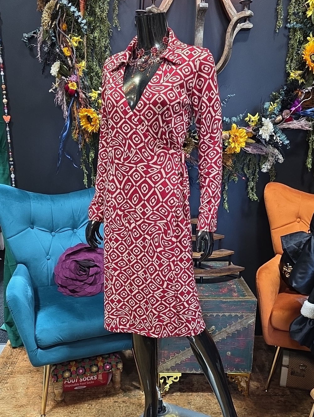 Johnny Was Pink Geo Print Midi Wrap Dress